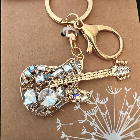 Gold Guitar Keychain with Crystals, Rhinestones Bag Charm - Picture 1 of 9